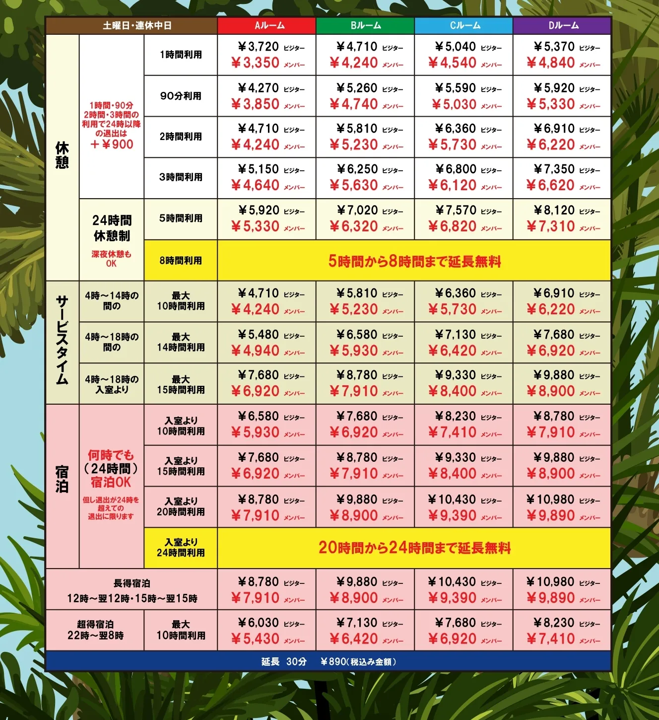 金土曜日・連休中日の料金表